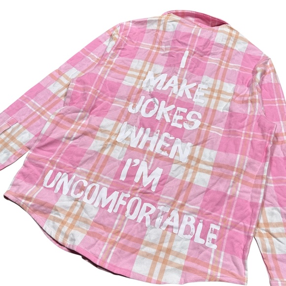 Cakeworthy x Friends Chandler Pink White Plaid Flannel Button Shirt Mens Medium - Picture 6 of 8